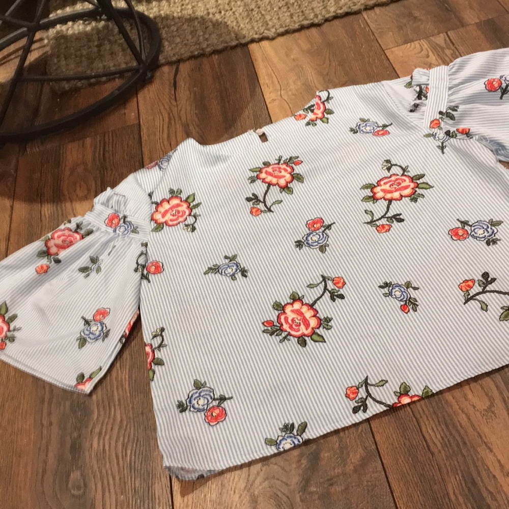 Blue striped floral cropped blouse
